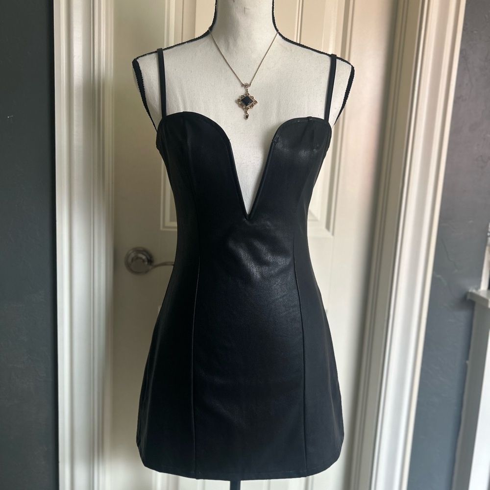 Olivaceous Black Leather Mini Dress with Plunging V-Neck